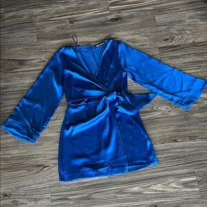 Zara Royal Blue Satin-y Wrap Mini Dress with Bell Sleeves Size Large